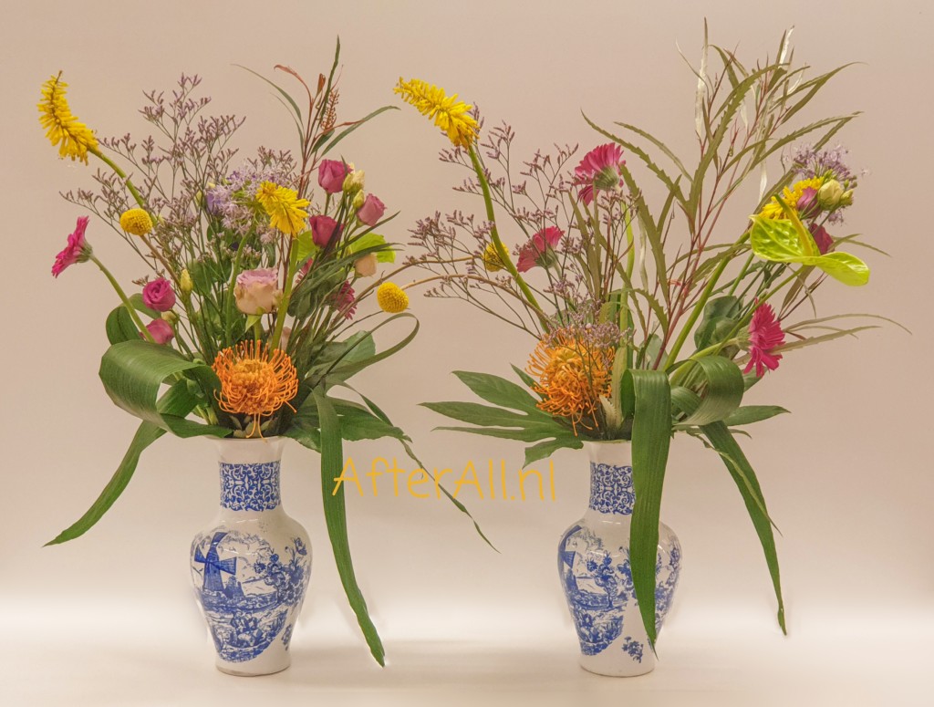 Bloemen geschikt in de vaas, het arrangement is gemaakt door een cursist van After All Vakopleidingen Bloemschikken tijdens een avond Inspirerend Bloemschikken.